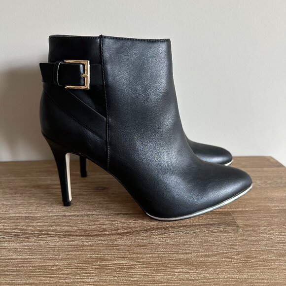 High Heel Ankle Booties Womens Size 8 Faux Leather Gold Buckle Pointy Toe - Picture 1 of 7